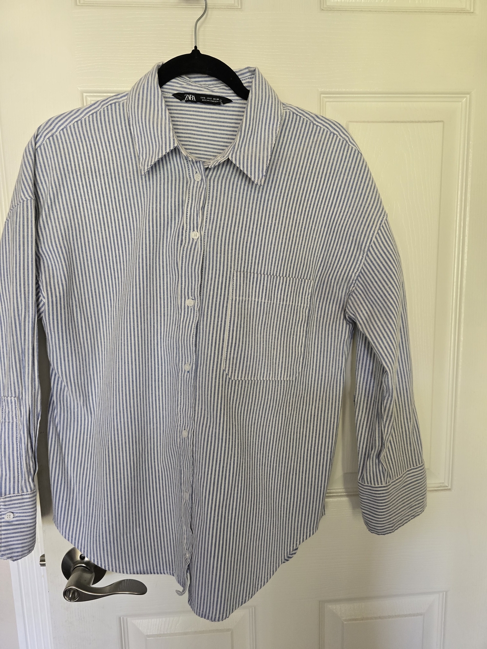 Zara Women Blue Stripe Long-Sleeve Button-Up Shirt